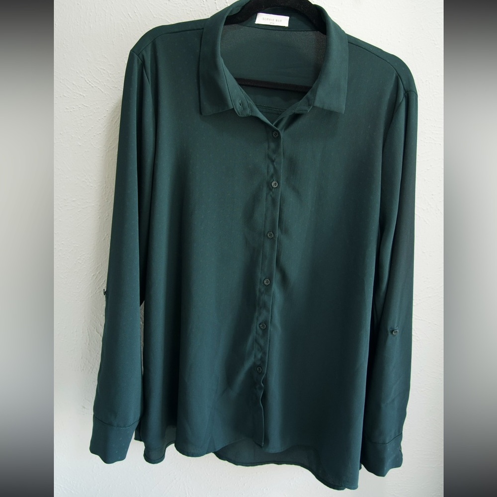 Sophie Rue Green Button Down Shirt with Notched Collar Office